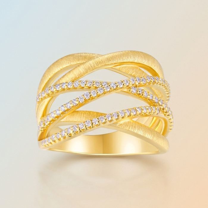 S925 Silver Gold-Plated Brushed-Finish Crisscross Openwork Moissanite Ring