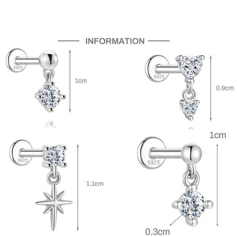 S925 Sterling Silver Hexagram Moissanite Threaded Cartilage Stud Earring(Single unit)