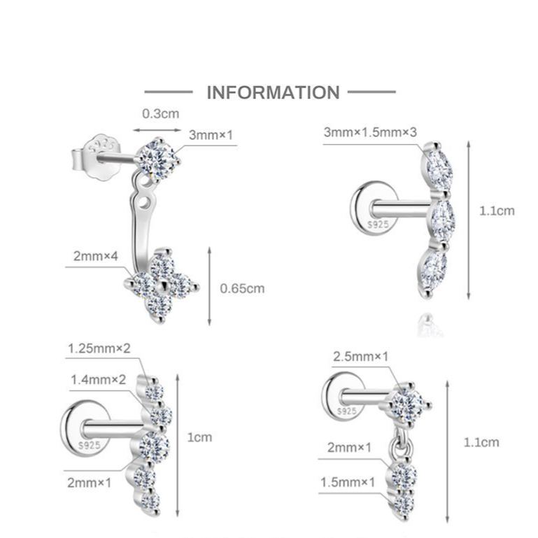 S925 Sterling Silver Moissanite Flat-Back Threaded Cartilage Stud(Single unit)
