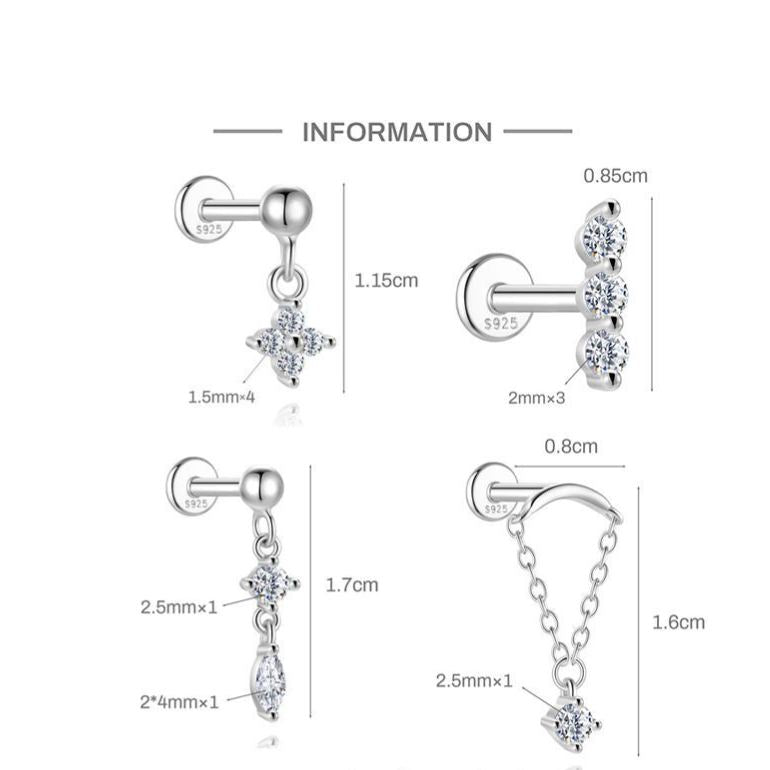S925 Sterling Silver Moissanite Flat-Back Threaded Piercing Earring(Single unit)