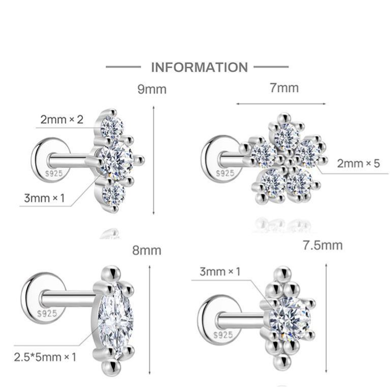 S925 Sterling Silver Moissanite Flat-Back Threaded Piercing Earring(Single unit)